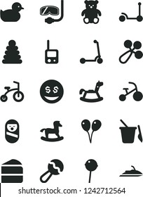 Solid Black Vector Icon Set - beanbag vector, baby rattle, duckling, stacking rings, roly poly doll, toy phone, children's sand set, small teddy bear, rocking horse, colored air balloons, tricycle