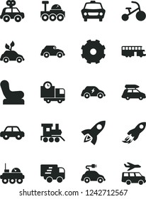 Solid Black Vector Icon Set - truck lorry vector, Baby chair, motor vehicle, present, toy train, tricycle, car, delivery, environmentally friendly transport, electric, retro, space rocket, Express