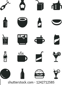 Solid Black Vector Icon Set - mug for feeding vector, measuring cup, bottle, e, packing of juice with a straw, burger, tea, glass soda, cocktail, can, orange, liquor, piece coconut, half, champagne
