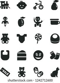 Solid Black Vector Icon Set - bib vector, baby, Child T shirt, warm socks, children's potty, teddy bear, small, hairdo, toy train, bicycle, shoes, piece of cake, lollipop, pear, ripe plum, robot