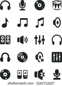 Solid Black Vector Icon Set - desktop microphone vector, loudspeaker, silent mode, drum, headphones, music, CD, regulator, volume, no sound, pc speaker, note, settings