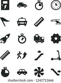 Solid Black Vector Icon Set - truck lorry vector, stopwatch, wind direction indicator, motor vehicle, child Kick scooter, dangers, timer, car, delivery, marine propeller, retro, rocket, wall watch