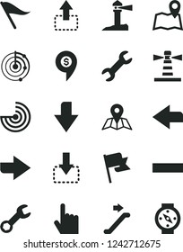Solid Black Vector Icon Set - downward direction vector, right, left, wind indicator, minus, index finger, map, flag, move up, down, lighthouse, coastal, repair, radar, dollar pin, escalator