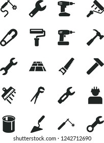 Solid Black Vector Icon Set - paint roller vector, repair key, safety pin, building trowel, adjustable wrench, cordless drill, hand saw, spatula, paving slab, hammer, with claw, builder, pipes, gas