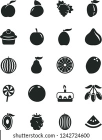 Solid Black Vector Icon Set - muffin vector, torte, lollipop, ripe peach, branch of grape, fig, blackberry, melon, water, half mango, loquat, goji berry, plum, tasty, yellow lemon, orange, coconut