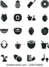 Solid Black Vector Icon Set - toy sand set vector, children's, blueberries, strawberries, half apricot, raspberry, strawberry, slice of water melon, passion fruit, kiwi, coconut, pineapple, hotel