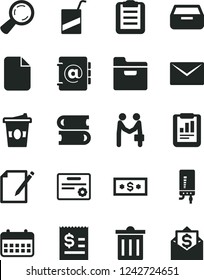 Solid Black Vector Icon Set - bin vector, e, books, electronic boiler, envelope, folder, address book, drawer, notes, coffe to go, magnifier, statistical report, article on the dollar, calendar