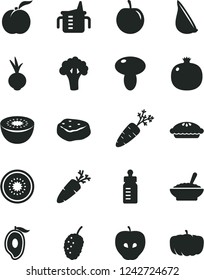 Solid Black Vector Icon Set - measuring cup for feeding vector, bottle, mushroom, pie, a bowl of buckwheat porridge, piece meat, beet, garlic, carrot, ripe peach, pomegranate, tasty apple, mulberry