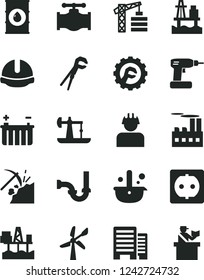 Solid Black Vector Icon Set - tower crane vector, adjustable wrench, cordless drill, sewerage, buildings, construction helmet, star gear, sea port, commercial seaport, oil derrick, coal mining