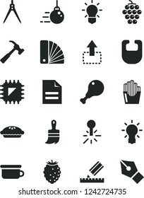 Solid Black Vector Icon Set - scribbled paper vector, bib, children's potty, big core, color samples, wooden paint brush, drawing, hammer with claw, move up, pie, chicken leg, fried potato slices
