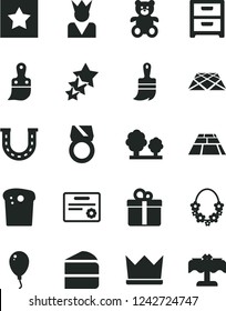 Solid Black Vector Icon Set - teddy bear vector, balloon, plastic brush, wooden paint, paving slab, pavement, nightstand, gift, Easter cake, piece of, trees, star, certificate, gold ring, luck, king