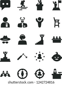 Solid Black Vector Icon Set - hat with glasses vector, a chair for feeding child, funny hairdo, welding, court hearing, man in sight, goal woman, operator, think, conversation, scientist, winner