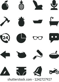 Solid Black Vector Icon Set - left direction vector, pie chart, nappy, car child seat, bath, new roller, hammer with claw, bell, 24, a bowl of rice porridge, chicken, pineapple, guava, ripe, think