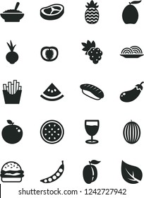 Solid Black Vector Icon Set - burger vector, onion, a bowl of buckwheat porridge, bacon, beet, French fries, japanese sushi, glass, grape, melon, loquat, ripe plum, half passion fruit, pineapple