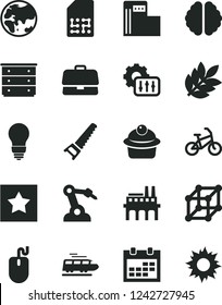 Solid Black Vector Icon Set - calendar vector, chest of drawers, hand saw, bulb, muffin, modern gas station, planet, industrial enterprise, robot welder, SIM, briefcase, mouse, settings, brain, star