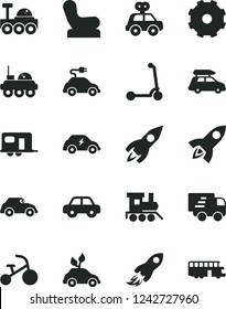 Solid Black Vector Icon Set - truck lorry vector, Baby chair, motor vehicle, present, toy train, tricycle, child Kick scooter, environmentally friendly transport, electric car, retro, rocket, space