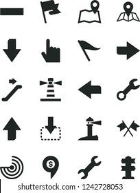 Solid Black Vector Icon Set - upward direction vector, downward, right, left, wind indicator, minus, index finger, map, flag, move down, lighthouse, coastal, repair, radar, cross flags, dollar pin