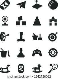 Solid Black Vector Icon Set - paper airplane vector, bath ball, stacking toy, roly poly doll, tumbler, sand set, children's, yule, rocking horse, small, cubes for children, box of bricks, joystick