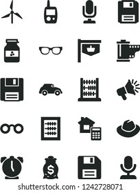 Solid Black Vector Icon Set - desktop microphone vector, floppy disk, hat, camera roll, new abacus, toy mobile phone, estimate, alarm clock, jar of jam, windmill, retro car, vintage sign, glasses