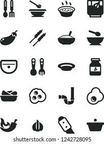 Solid Black Vector Icon Set - deep plate with a spoon vector, plates and spoons, plastic fork, iron, sink, siphon, knife, bowl of rice porridge, in saucepan, lettuce, barbecue, chili, glass tea, pan