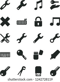 Solid Black Vector Icon Set - repair key vector, cross, small tools, adjustable wrench, lock, music, steel, text highlighter, keyboard, usb flash, note, arm with