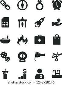 Solid Black Vector Icon Set - spectacles vector, medical bag, alarm clock, lens, noodles, a bowl of rice porridge, gears, SIM, goal woman, rocket, catch coin, flame, man with medal, diamond ring