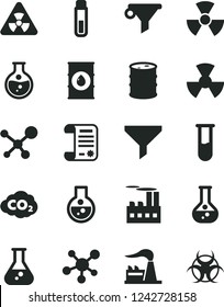 Solid Black Vector Icon Set - round flask vector, factory, oil, barrel, industrial building, radiation, carbon dyoxide, filter, water, research article, test tube, molecule, nuclear, biohazard