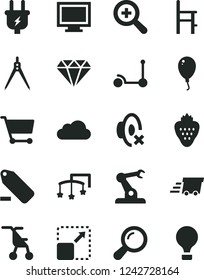 Solid Black Vector Icon Set - monitor window vector, zoom, silent mode, remove label, toys over the cot, sitting stroller, a chair for feeding, balloon, Kick scooter, expand picture, strawberry, air