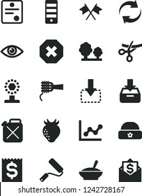 Solid Black Vector Icon Set - mark of injury vector, renewal, graph, warm hat, new roller, eye, put in a box, move down, noodles, bowl buckwheat porridge, strawberry, trees, canister, financial item