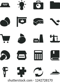 Solid Black Vector Icon Set - renewal vector, Puzzle, e, camera, cheese, eggs, porcini, yellow lemon, oil derrick, thermal power plant, caliper, vintage sign, scanner, folder, bulb, calculator, taxi