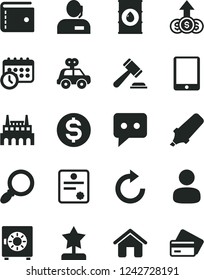 Solid Black Vector Icon Set - purse vector, hammer of a judge, clockwise, motor vehicle present, house, strongbox, oil, industrial factory, man, text highlighter, dollar, dispatcher, think, patente