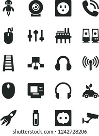 Solid Black Vector Icon Set - stepladder vector, headphones, lens, power socket, industrial enterprise, environmentally friendly transport, hierarchical scheme, phone call, mouse, pc speaker, robot