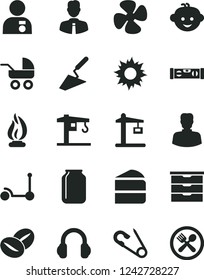 Solid Black Vector Icon Set - storage unit vector, baby carriage, open pin, children's hairdo, Kick scooter, crane, trowel, building level, employee, piece of cake, coffee beans, fan screw, jar, sun