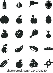 Solid Black Vector Icon Set - feeding bottle vector, loaf, noodles, chicken leg, beet, japanese sushi, strawberries, apple, apricot, blueberry, blueberries, melon, yellow lemon, guava, garlic, dna