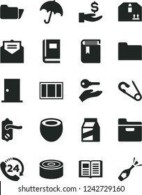 Solid Black Vector Icon Set - book vector, open pin, window frame, door knob, ntrance, received letter, umbrella, folder, cardboard box, 24, package, canned goods, half of coconut, get a wage