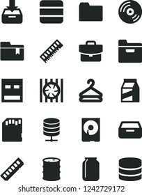 Solid Black Vector Icon Set - folder vector, bookmark, CD, big data server, suitcase, put in a box, drawer, package, hanger, barrel, jar, radiator fan, memory, hdd, usb, sd card