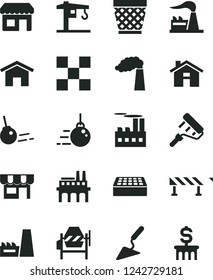 Solid Black Vector Icon Set - house vector, wicker pot, crane, big core, building trowel, concrete mixer, paint roller, tile, brick, road fence, home, kiosk, manufacture, factory, industrial