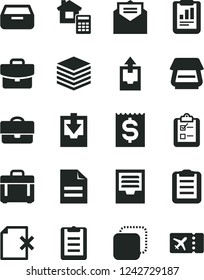 Solid Black Vector Icon Set - scribbled paper vector, archive, upload data, download, estimate, received letter, case, pile, suitcase, drawer, delete page, survey, copy, portfolio, financial item