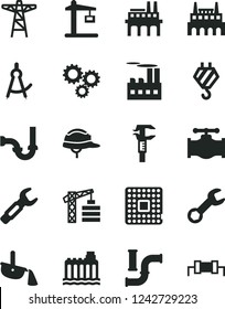 Solid Black Vector Icon Set - tower crane vector, hook, sewerage, helmet, valve, water pipes, hydroelectricity, power pole, industrial building, factory, enterprise, Construction, processor, caliper