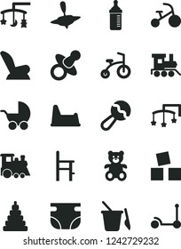 Solid Black Vector Icon Set - toys over the cradle vector, cot, dummy, measuring bottle for feeding, nappy, beanbag, car child seat, baby stroller, stacking toy, children's sand set, potty chair, a