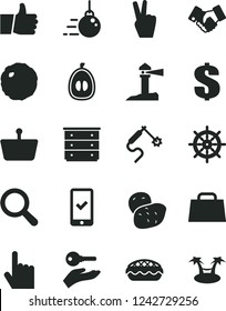 Solid Black Vector Icon Set - magnifier vector, dollar, chest of drawers, big core, index finger, thumb up, apple pie, cabbage, half loquat, potato, gas welding, shopping basket, coastal lighthouse