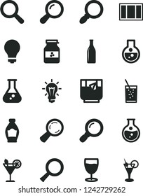 Solid Black Vector Icon Set - matte light bulb vector, magnifier, window frame, a glass of soda, tea, cocktail, jar jam, bottle, round flask, zoom