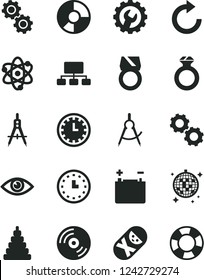 Solid Black Vector Icon Set - clock face vector, clockwise, stacking toy, tumbler, gear, eye, CD, accumulator, scribed compasses, Measuring, scheme, ring diagram, wall watch, atom, gears, diamond