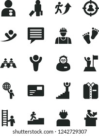 Solid Black Vector Icon Set - image of thought vector, footprints, builder, pass card, folded shirt, man in sight, conversation, scientist, winner, arrow up, carrer stairway, hold world, with medal