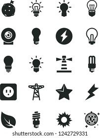 Solid Black Vector Icon Set - incandescent lamp vector, bulb, power socket type b, lightning, star, lens, leaf, light, pole, energy saving, mercury, lighthouse, electricity, flag on moon, sun
