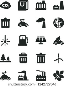 Solid Black Vector Icon Set - bin vector, dust, bag with handles, solar panel, gas station, windmill, manufacture, factory, hydroelectricity, forest, industrial building, thermal power plant, planet