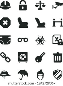 Solid Black Vector Icon Set - mark of injury vector, spectacles, scales, nappy, Baby chair, car child seat, winter hat, construction helmet, dust bin, lock, umbrella, strongbox, encrypting, glasses