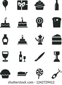 Solid Black Vector Icon Set - tassel vector, balloon, cake, birthday, Easter, muffin, piece of, slice, lollipop, glass, bottle, giftbox, gold cup, star, medal with pennant, wine, champagne