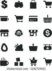Solid Black Vector Icon Set - paper bag vector, grocery basket, bank card, dollar, children's potty, cubes for children, put in cart, kiosk, stick of sausage, cup tea, stall, shopping, purse, sale