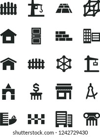 Solid Black Vector Icon Set - box of bricks vector, dwelling, brick wall, interroom door, buildings, city block, ceramic tiles, fence, hedge, paving slab, home, tower crane, Construction, 3d cube
